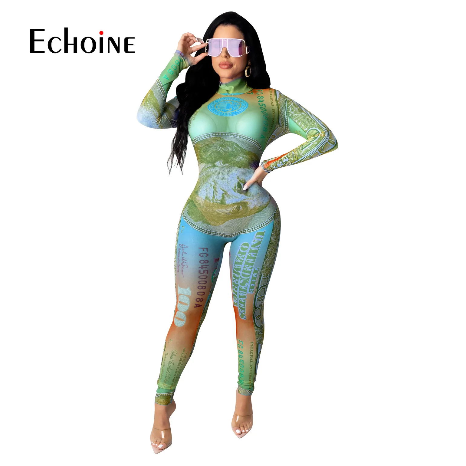 Echoine Jeseni Mode Dolar Natisnjeni Dolgo Sleeved Slim-Fit Šport Jumpsuit Ženske Casual Sexy Bodycon Onesies Catsuit kombinezon