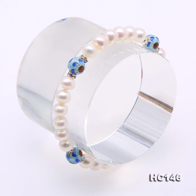 Edinstven Biseri nakit Store 7-7.5 mm za Belo Barvo Naravnih Sladkovodnih Biserov Zapestnica Nosorogovo Modra Cloisonne Elastično Zapestnico