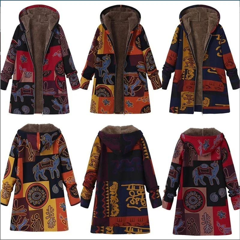 Egiptovski letnik vzorec etnične slog bombaž coatfemale Oblačila Tiskanje Zimski plašč 5XL ženske plus size pasja hooded suknjič