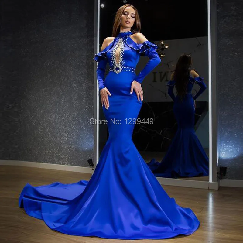 Eightale morska deklica Večerne Obleke Visoko Vratu Beaded z Okrasnih Kraljevsko Modra arabski Maturantski Obleki Dubaj Dolge Rokave Stranka Obleko