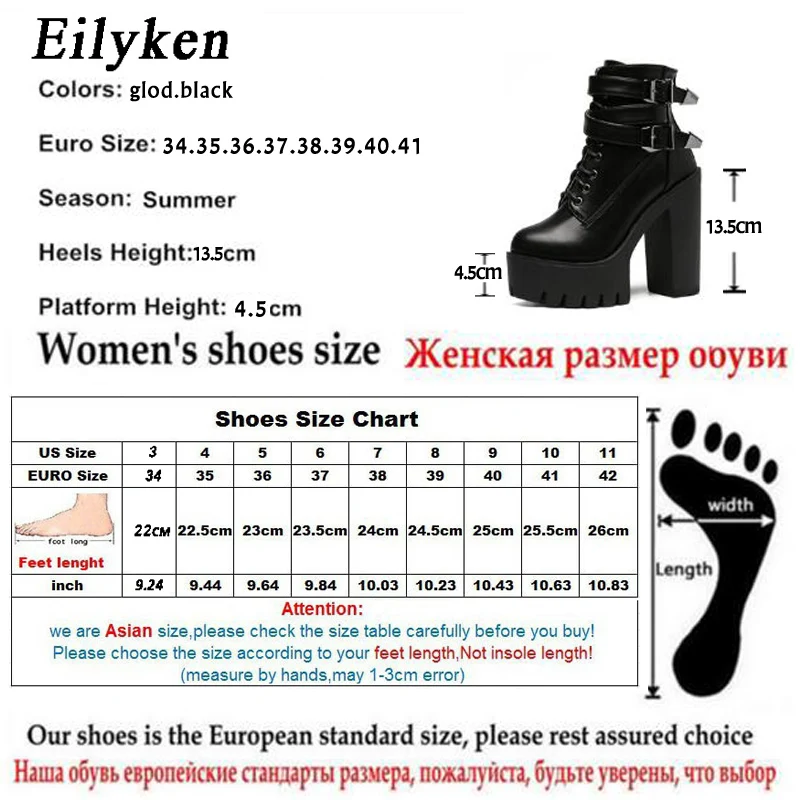 Eilyken 2021 Jeseni Mode Dobre Kakovosti Ženske Čevlji Z Visokimi Petami Platformo Sponke Čipke Usnje Kratek Škorenjčki Črne Dame Čevlji
