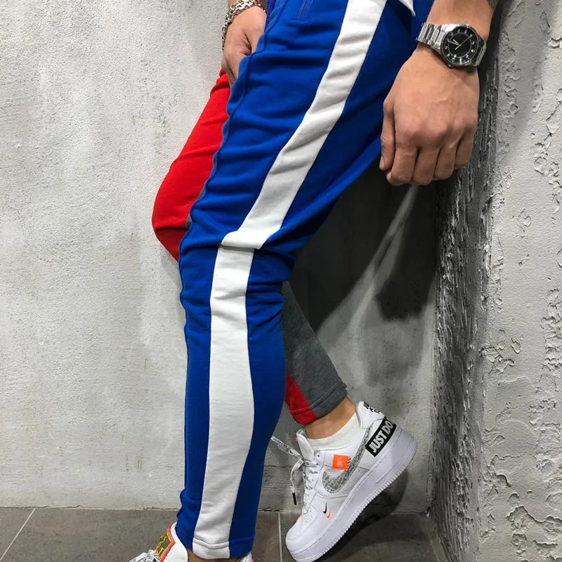 Elastični Pas Joggers Moških Modre Črte 2020 Moda Sweatpants Moški Mozaik Hip Hop Hlače Za Moške Z Žep Moški Tek