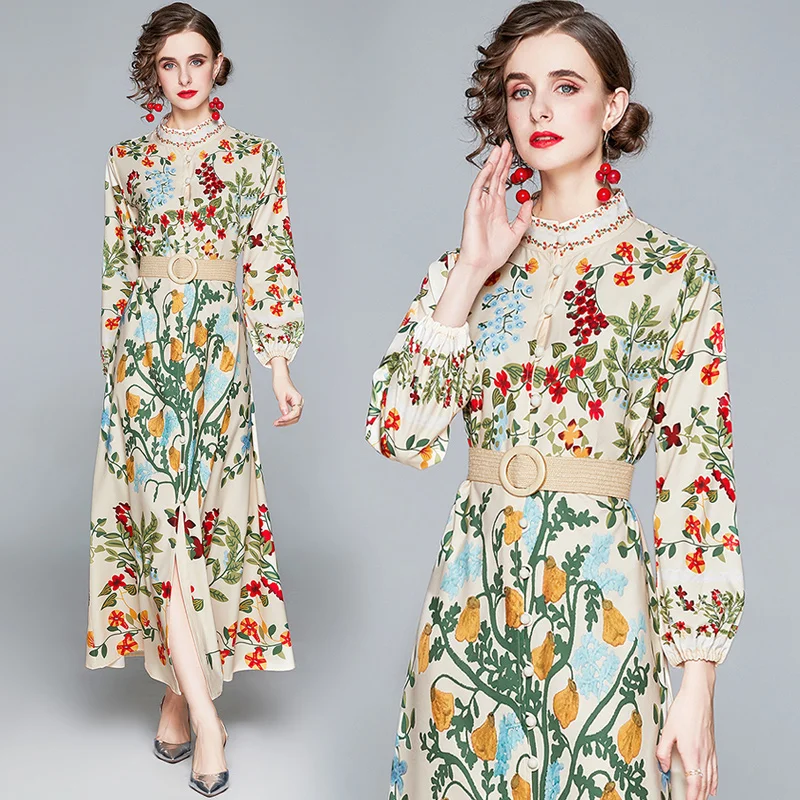 Elegantno Cvetlični Dolgo Oplaščeni Obleke Svoboden Beach Slog Visoke Kakovosti Dolgo Obleko Ženske Tiskanja Oblačila