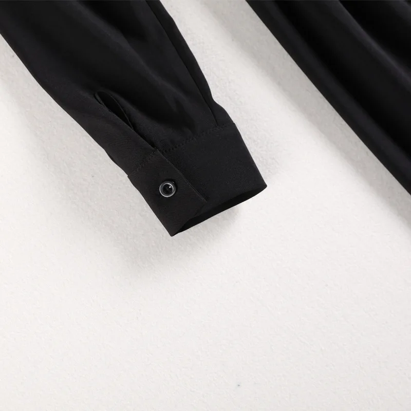 Elegantno Črno Dolgo Obleko Velik Plus Velikost Ženske Nositi Spomladi in Jeseni (Zavoj navzdol Ovratnik, Žep Dekoracijo Majica Kritje Obleko Lady