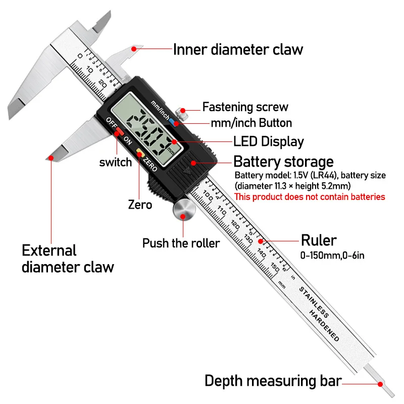 Elektronski Digitalni Vernier kljunasto merilo 150mm iz Nerjavečega Jekla Pravilo Merilnik Mikrometer 6 Palčni LCD-Merjenje Vladar Orodje, S Plastično Okno