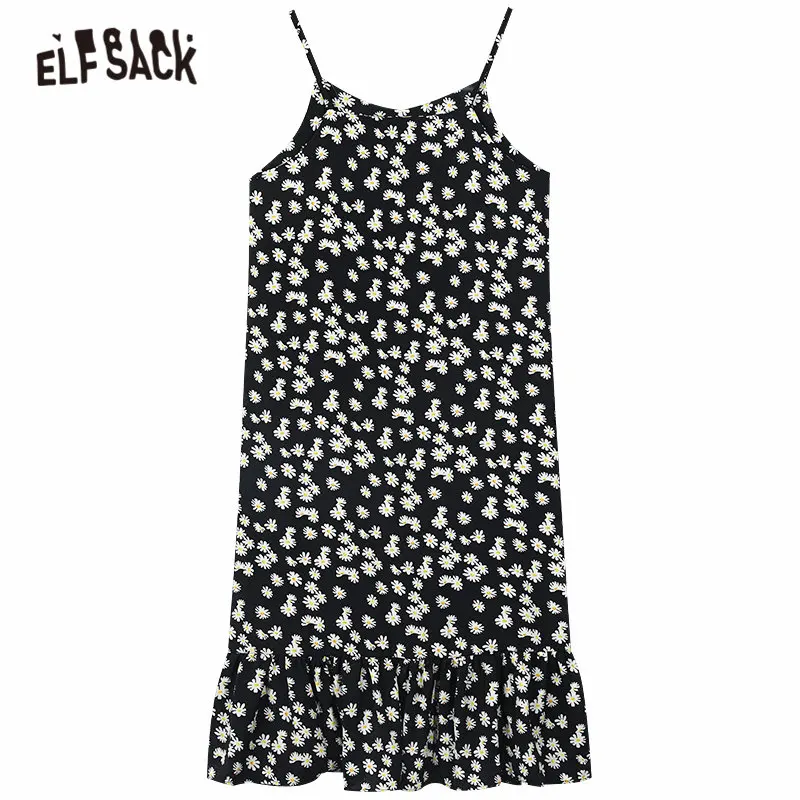 ELFSACK Black Daisy Tiskanja Cvetovi Priložnostne Šifon Slip Obleka Ženske 2020 Poletje ELF Belo Letnik korejski Girly Počitnice Obleke