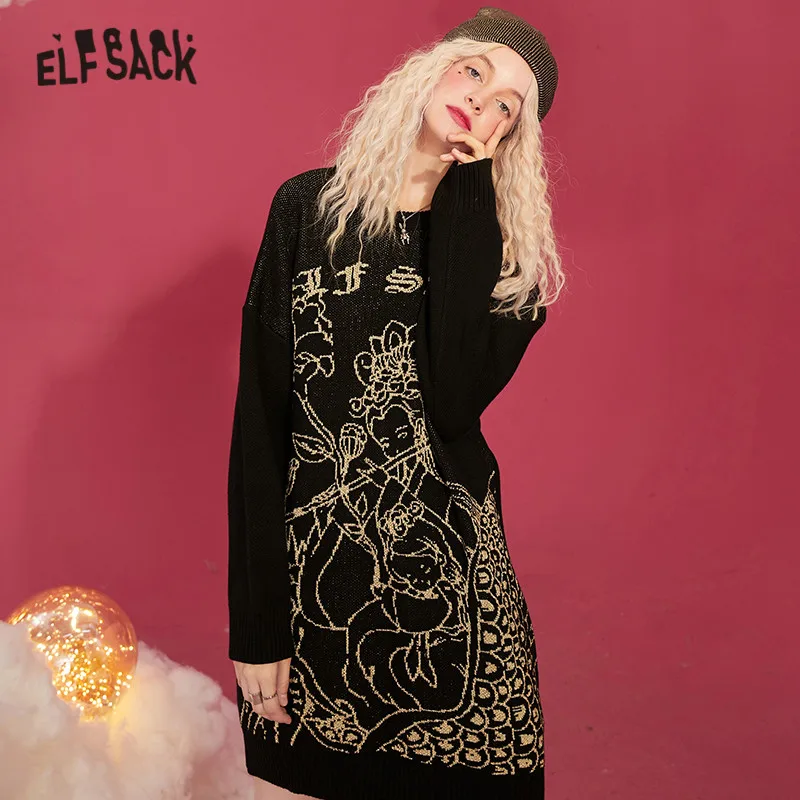ELFSACK Kitajski Slog Graphic Knit Priložnostne Obleke Ženske,2020 Jeseni ELF Letnik Visoke Wasit korejske Ženske Dnevno Toplo Obleko