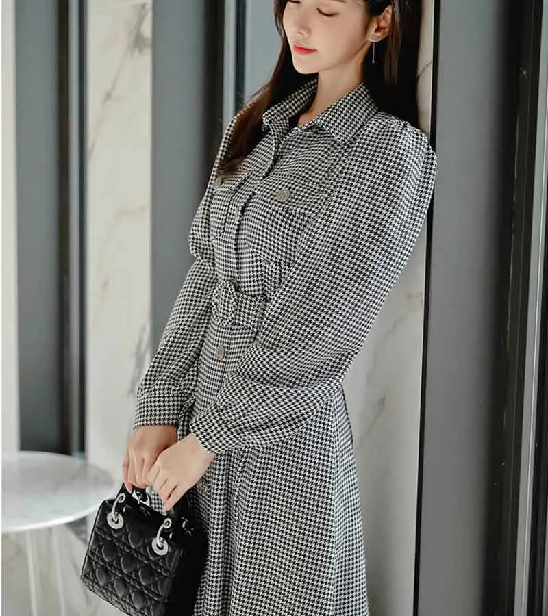 Enega Kosa Korejski Obleko 2020 Nove Jesensko Zimske Ženske Vintage Obleko Elegantno Enotni-Zapenjanje Urad Obleko Priložnostne Obleko Houndstooth