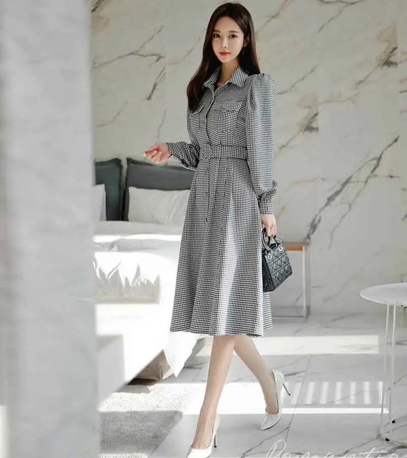 Enega Kosa Korejski Obleko 2020 Nove Jesensko Zimske Ženske Vintage Obleko Elegantno Enotni-Zapenjanje Urad Obleko Priložnostne Obleko Houndstooth