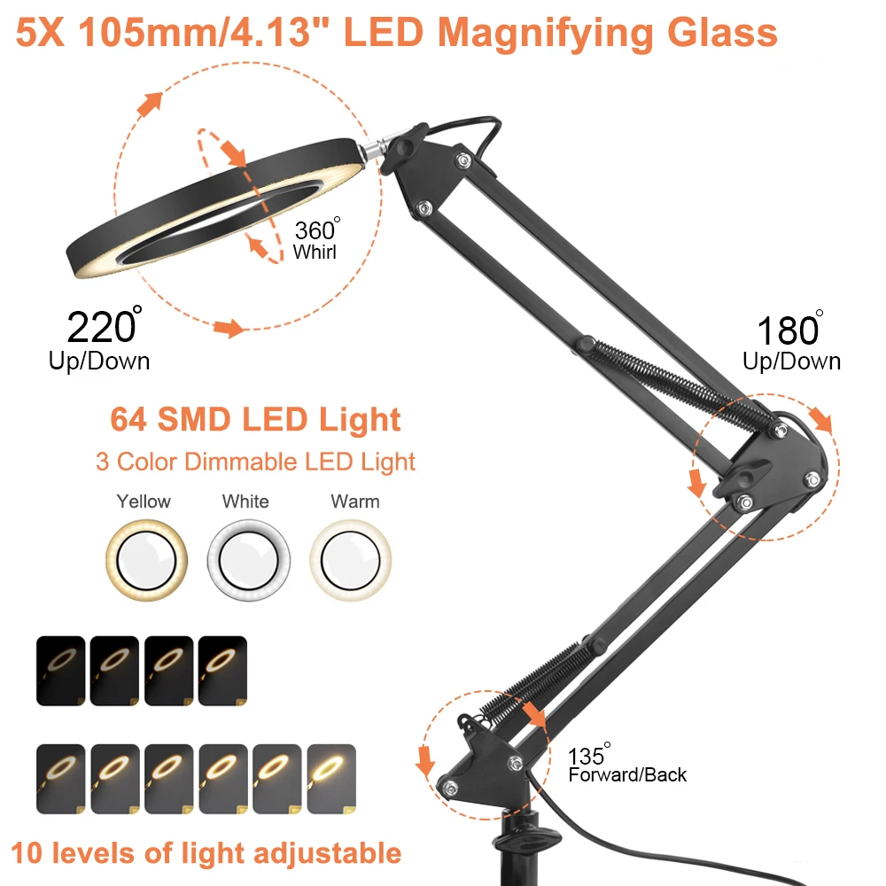 EOOKU namizne Svetilke LED USB 5X Povečevalno Steklo 3 Barve Prilagodljiv Ročaj Profesionalne Razsvetljave, Varčevanja z Energijo, Zaščito za Oči,