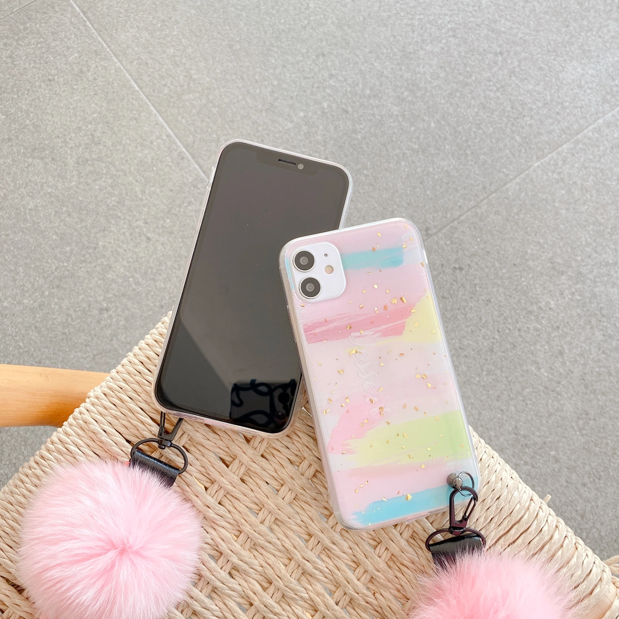 Epoksi Bleščice Sequins Geometrijske Roza Ohišje za iPhone Mini 12 11 Pro XS Max XR Candy Barve Plišastih Krzna Žogo Strani Imetnika Pašček Pokrov