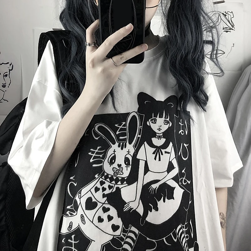 Estetski Harajuku T Shirt Gothic Punk Risanka Tiskanja Kratka sleeved O-Vratu Femme Vrh Poletje Ženske Tshirt Oversize Ulica Oblačila