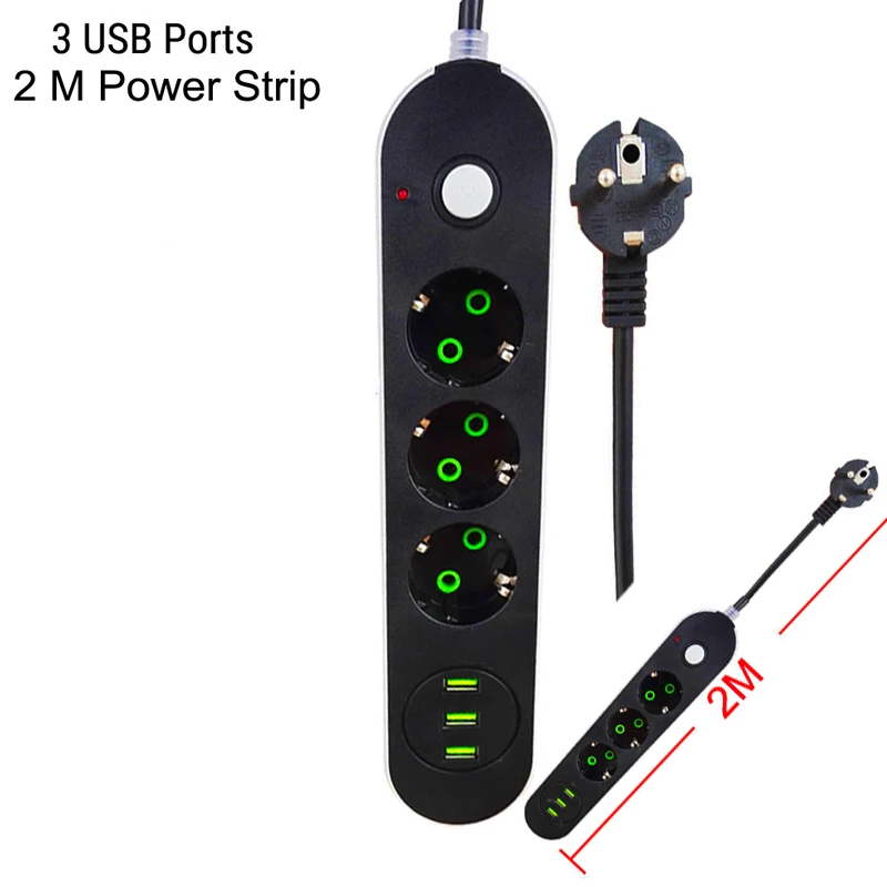 EU Plug Power Trakovi Vtičnico 3 Vtičnice 3Port Multi USB Kabel, Podaljšek Kabel Vtičnica Socket 2M/3M