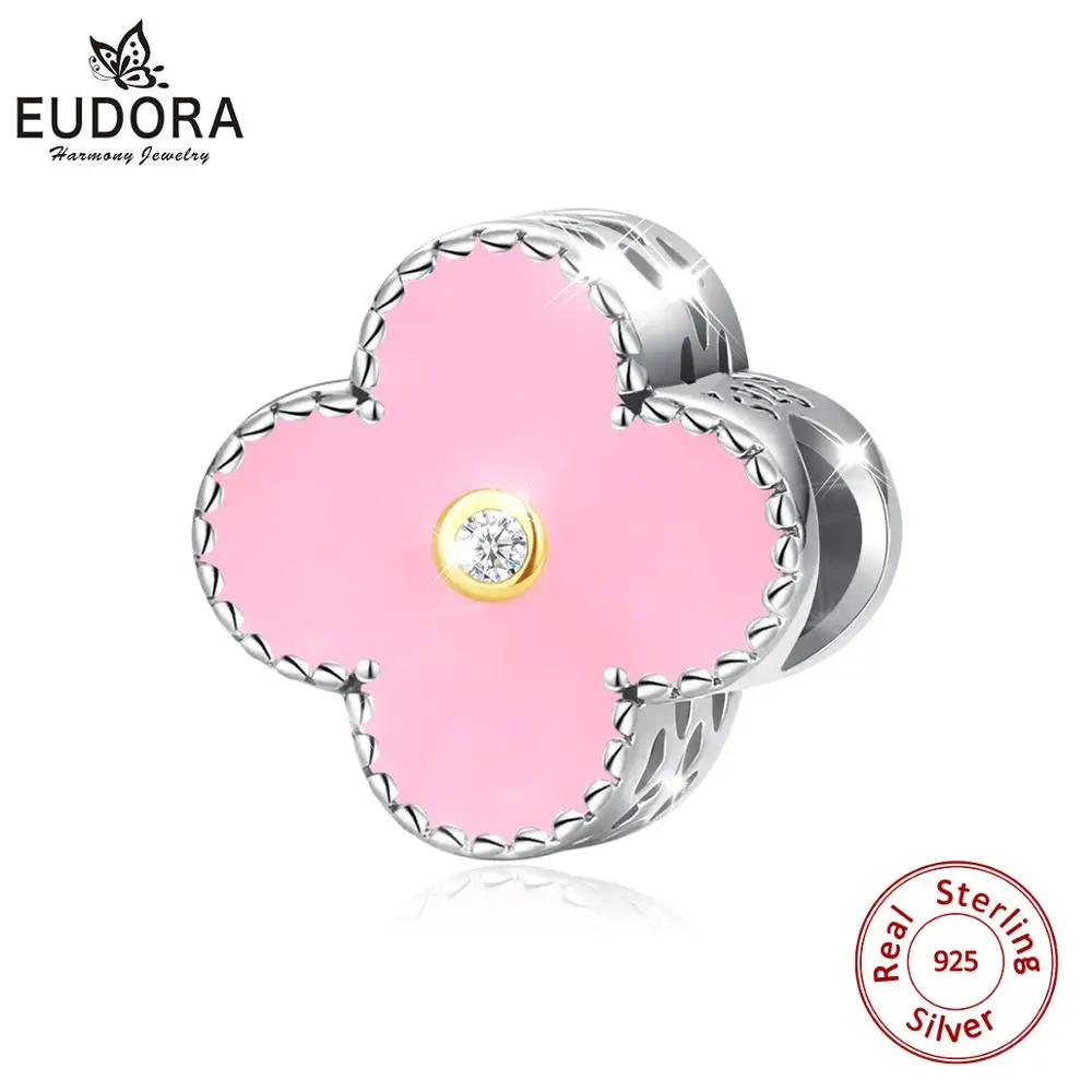 Eudora 925 Sterling srebro roza breskov cvet noge Roza Emajl Cvet, Čar za Bangle Zapestnica Fine Nakit z box CYZ125