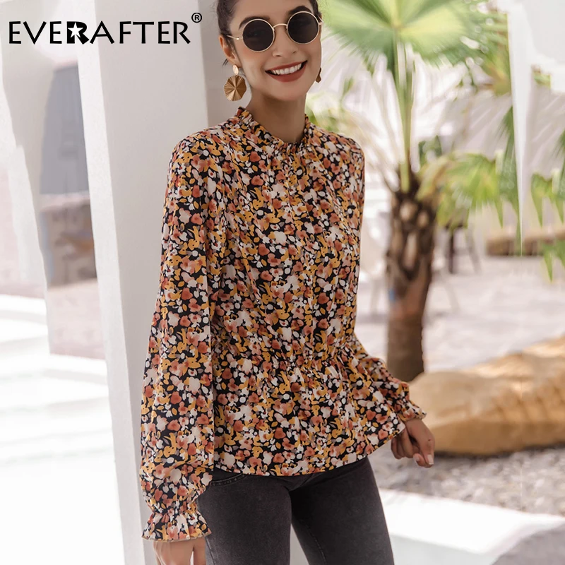 EVERAFTER Bluzo ženske elegantne cvjetnim tiskanja shirt stojalo ruffles elastični pas gumb sladko bluzo 2020 Jeseni elegantna blusas ženski