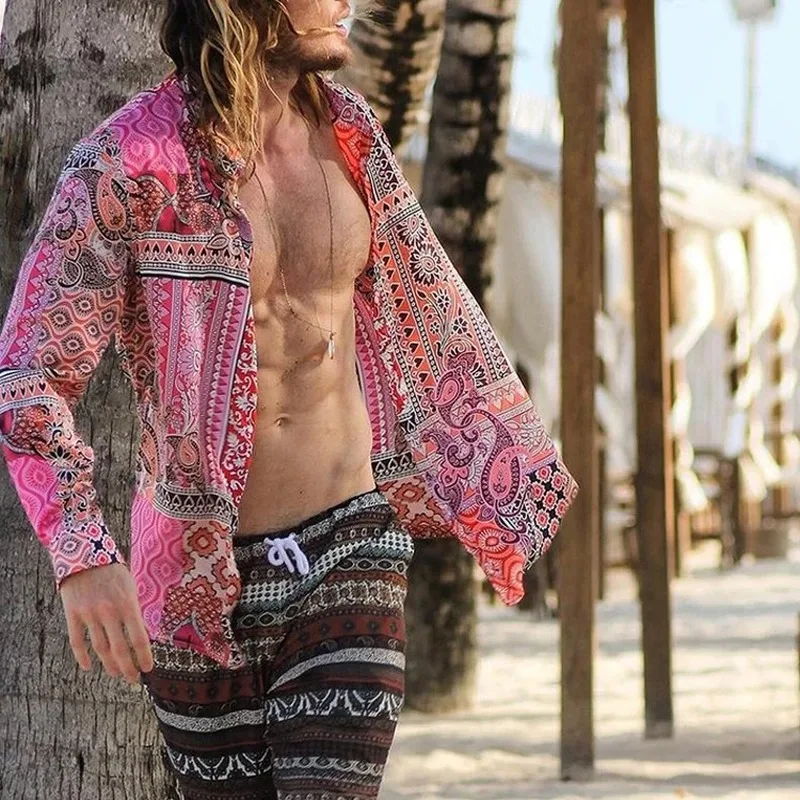 Evropske in Ameriške Moške Srajce 2020 Novo Hawaiian Priložnostne Plaži Tiskanja Dolge Rokave Camisas Par Hombre moška Oblačila