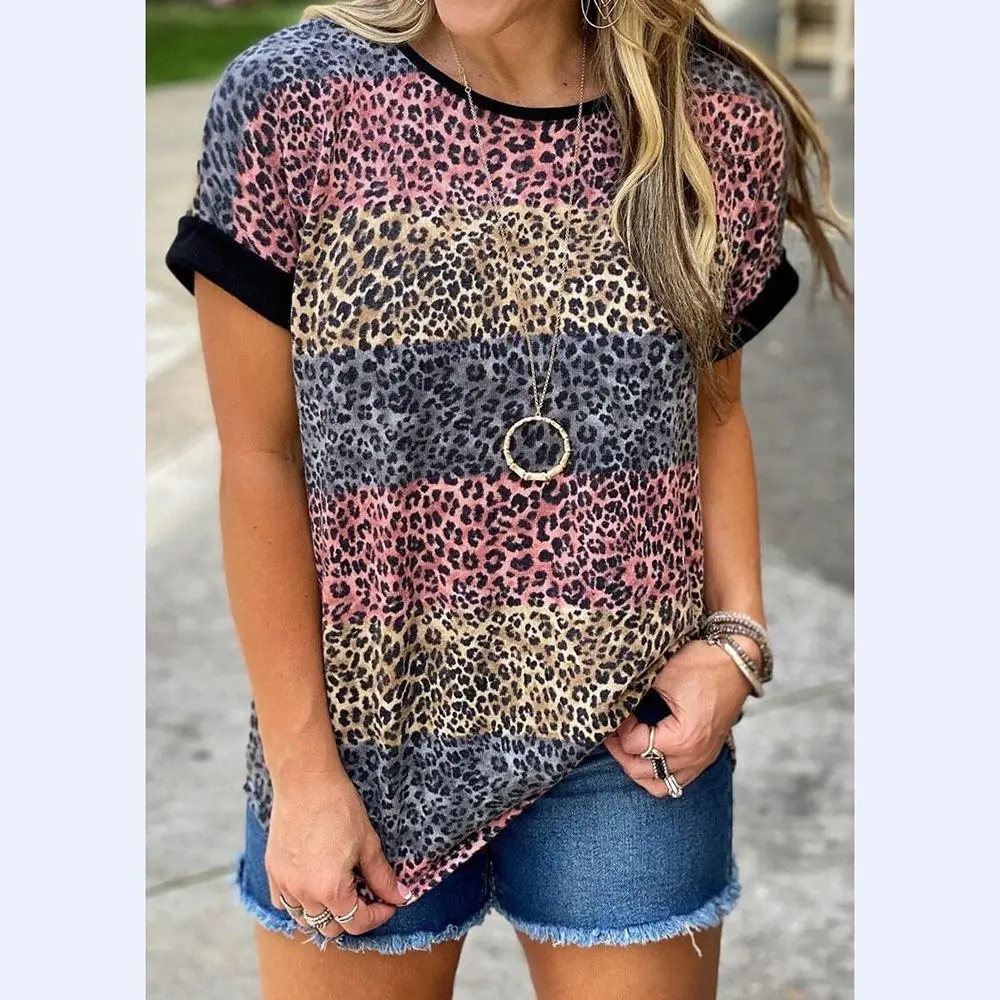 Evropski American Hot-Prodaja Novih Žensk Leopard Barve-Blokiranje Digitalni Tisk T-Shirt