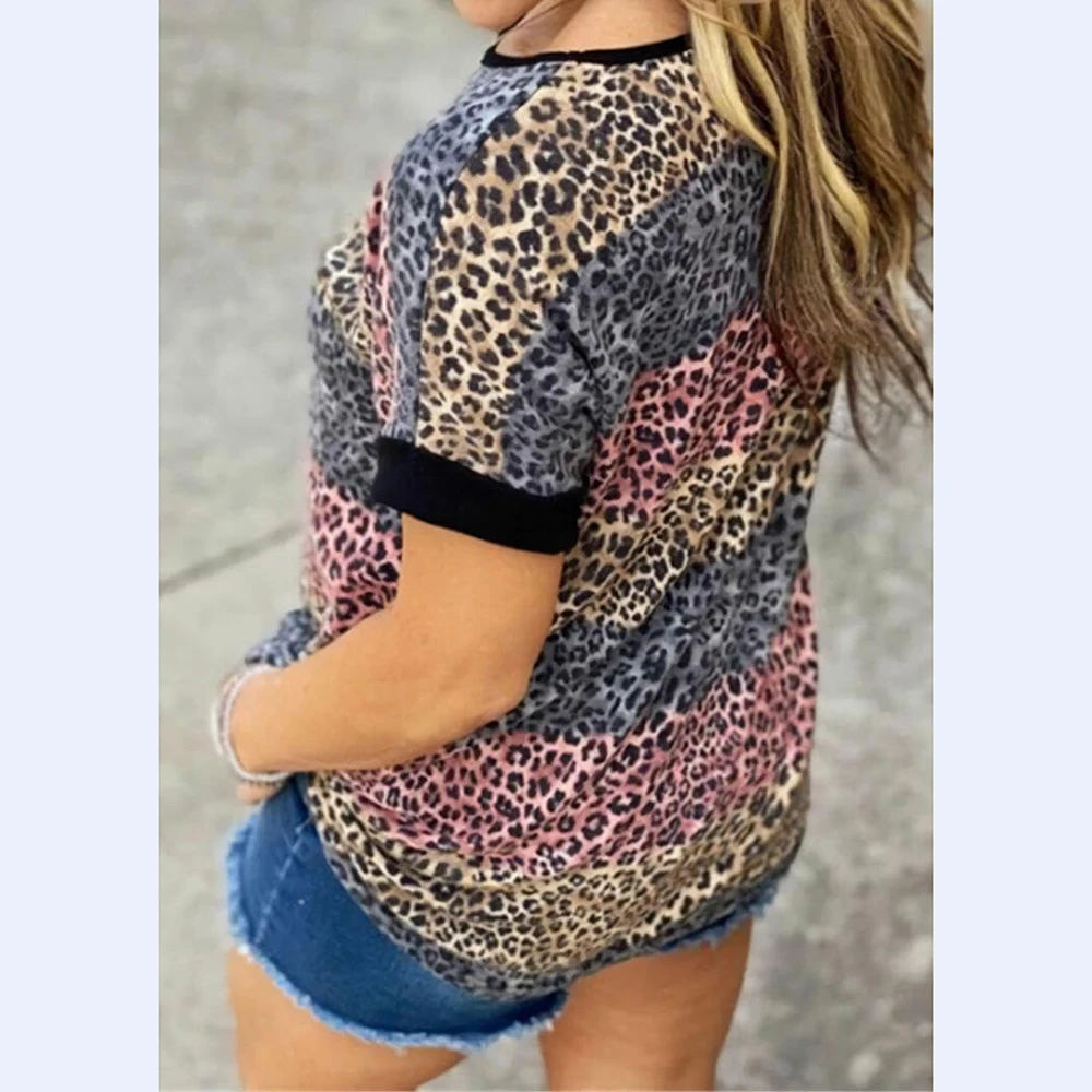 Evropski American Hot-Prodaja Novih Žensk Leopard Barve-Blokiranje Digitalni Tisk T-Shirt