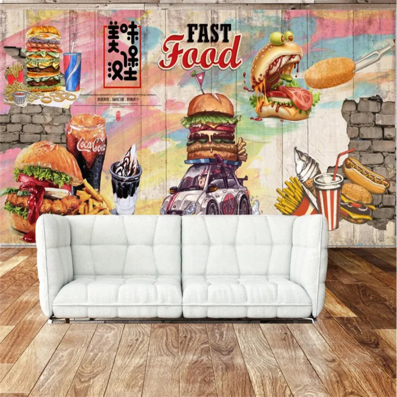 Evropski in Ameriški Burgerje Grafiti Ozadju 3D Zidana Ozadje Retro Fast Food Restavracijo, Bar s Prigrizki Decor Stene Papirja 3D