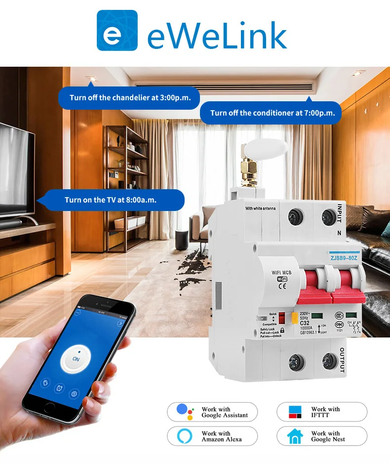 EWeLInk 2P Daljinski upravljalnik WiFi odklopnika Zaščito pred Preobremenitvijo Združljiv z Alexa in Google Doma Pametni Dom MCB
