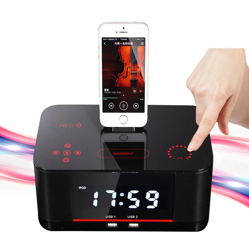 EXRIZU A8 Alarm Polnilnik Dock Postajo Bluetooth Stereo Zvočnik NFC FM Radio, Daljinski upravljalnik za iPhone XS 8 7 6 Plus Samsung