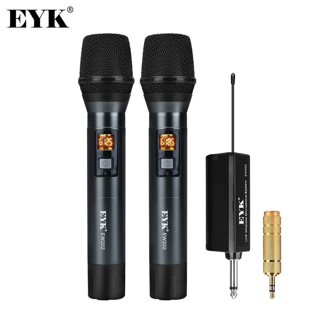 EYK EW-202 UHF 2-kanalni Brezžični Mikrofonski Sistem s Kovinskimi Snemanje Karaoke Ročni Mikrofon za ponovno Polnjenje Sprejemnika 50m Prejeli