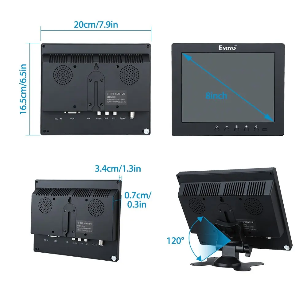 EYOYO EM08C 8 palčni IPS LCD Zaslon 1024 X 768 VGA BNC HDMI Zaslon vgrajeni zvočniki za RAČUNALNIK DVR CCTV Varnosti Survillance