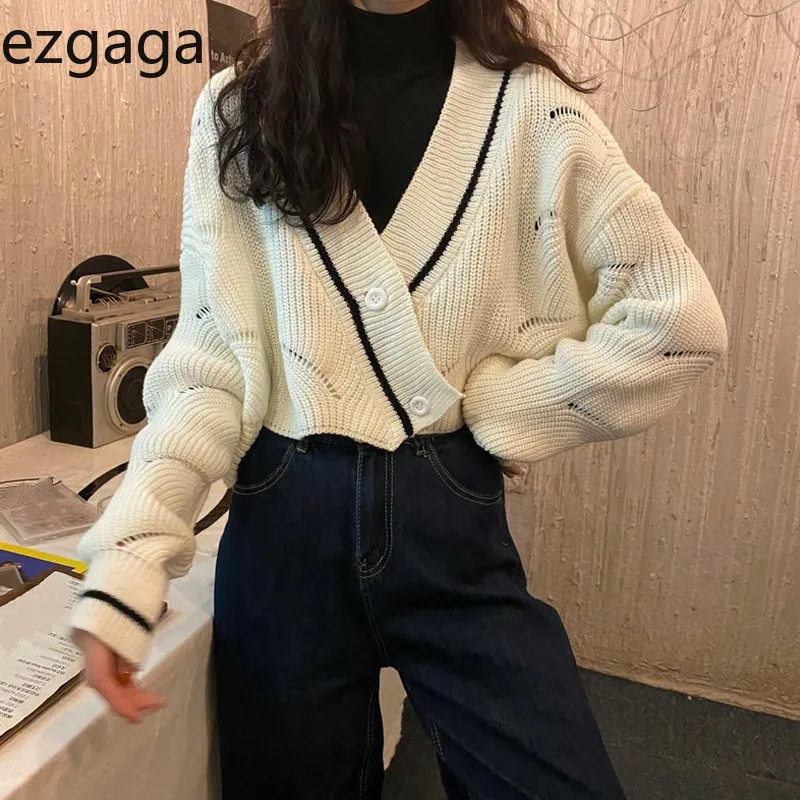 Ezgaga Ponudbe Votlih Iz Pletene Cardigan Ženske Outwear Pozimi Leta 2020 Novo Koreje Proti-Vrat Svoboden Dame Obreži Vrhovi Eleganten Pulover