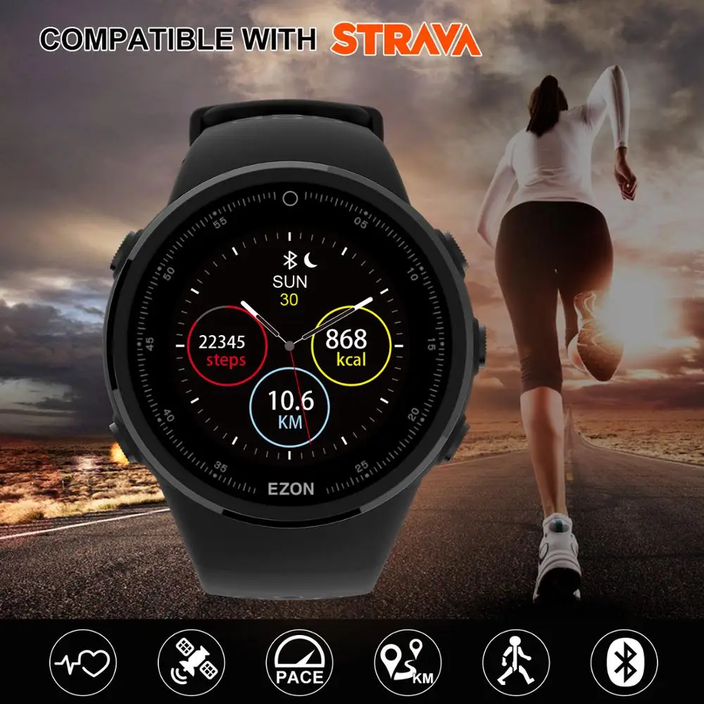 EZON T958 HD Barvni Zaslon Optični Srčnega utripa, GPS Smartwatch Bluetooth Maraton Teče Mens Watch za Android IOS Telefon