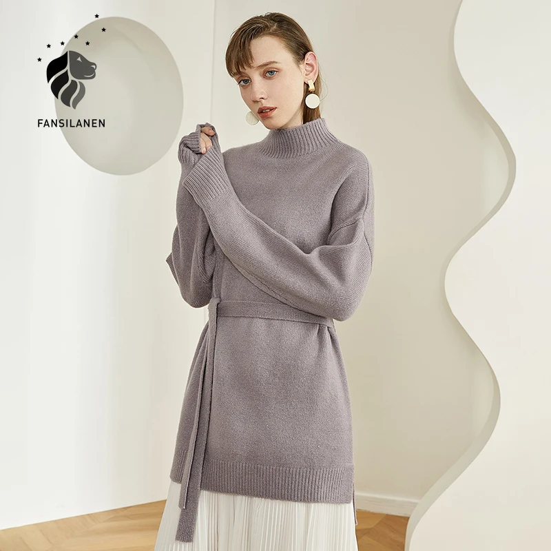 FANSILANEN Pasu eleganten dolg rokav pleteni pulover Ženske turtleneck prevelik pulover Jesen zima dolgo letnik jumper ženske