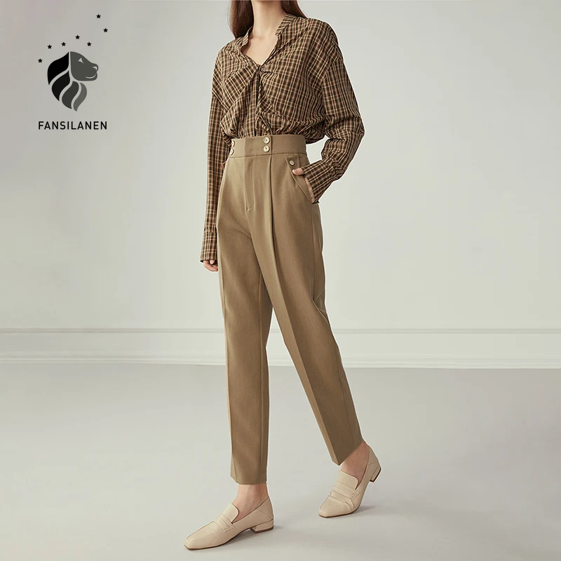 FANSILANEN Priložnostne visoko pasu obleko hlače capri Ženske urad dama elegantno naravnost hlače Ženske jeseni, pozimi kaki hlače, spodaj