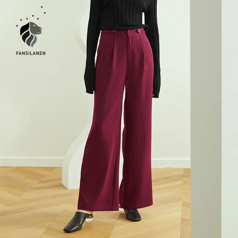 FANSILANEN Visoki črni pas širok noge hlače capri Ženske ohlapne rdeče ulične priložnostne hlače Spomladi urad elegantne ženske hlače