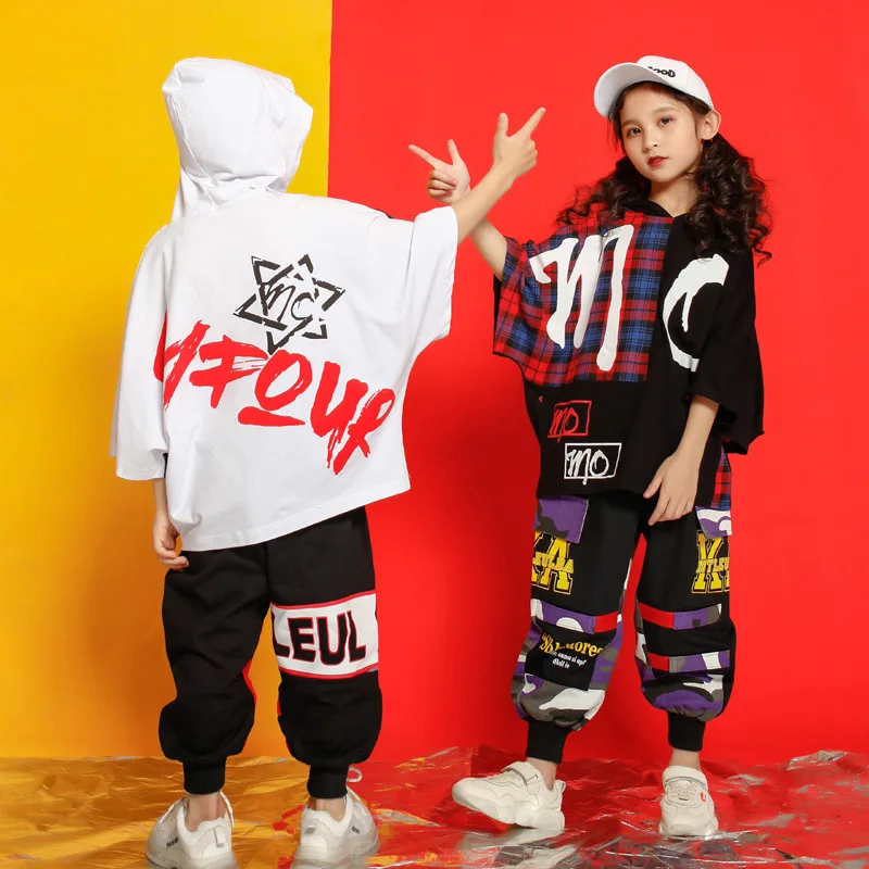 Fant Hip Hop Grafiti Hoodie Jogger Sopihanje Dekle Ples Obleka 2 Kos Set Otroci Batwing Rokav Obleka Najstniških Jazz Kostum Ulične