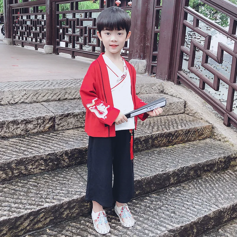 Fantje Kitajski Slog Tang bo Ustrezala Starih Retro Zmaj Vezenje Hanfu Nastavite Otrok Fazi 3PCS Orientalski Perilo Mečevalec Oufits