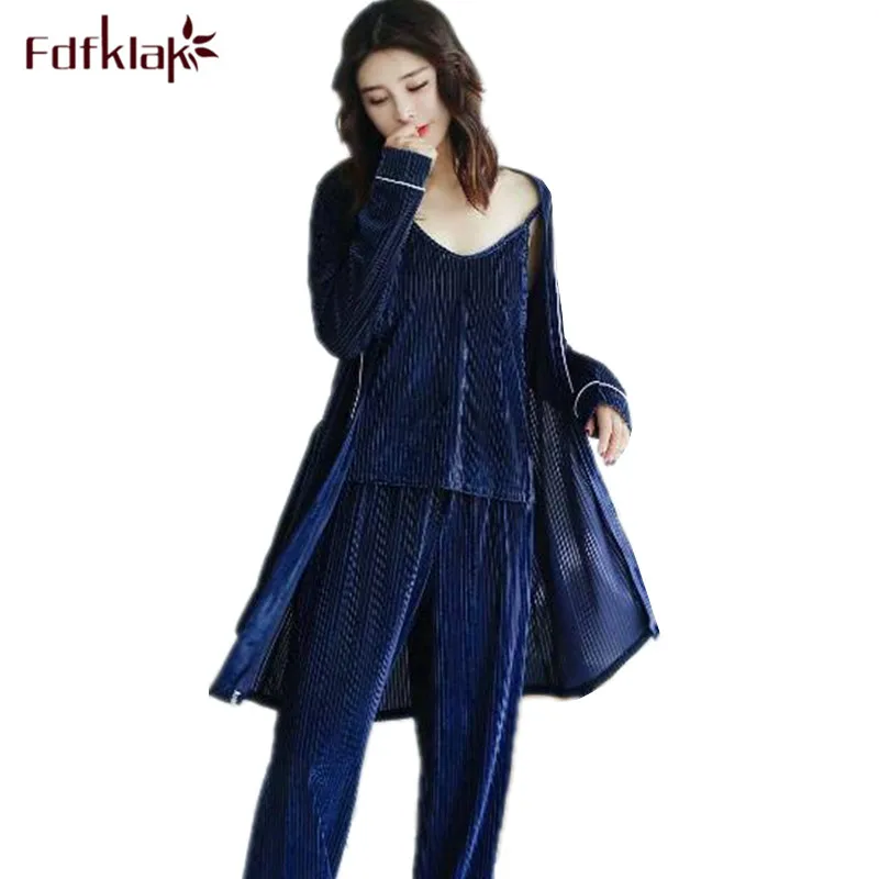 Fdfklak korejskem slogu zimske ženske pižame toplo zlato žamet jeseni sleepwear pižamo nastavite seksi 3 kosov pijama nastavi domačo obleko