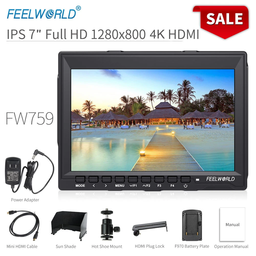FEELWORLD FW759 7 Palčni DSLR Fotoaparat Področju Monitor 4K HDMI AV Vhod HD IPS 1280x800 LCD Zaslon, Video Pomoč prinaša dobička za Kamero