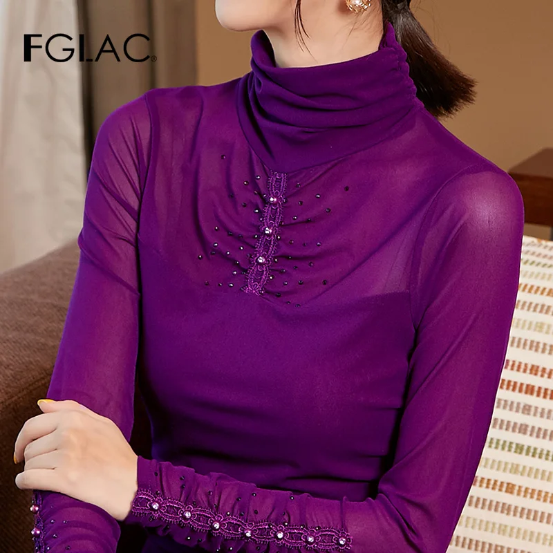 FGLAC Ženske t-shirt Moda priložnostne dolg rokav Turtleneck očesa vrhovi Elegantno vitek Diamanti Jeseni ženske majica plus velikost blusas