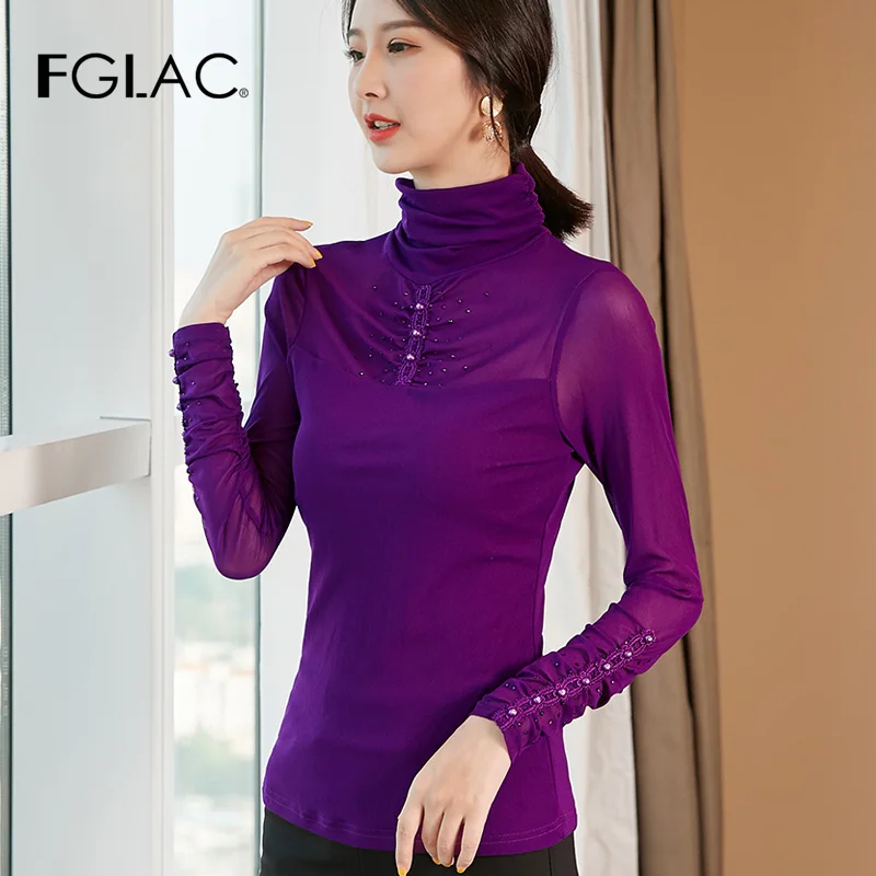 FGLAC Ženske t-shirt Moda priložnostne dolg rokav Turtleneck očesa vrhovi Elegantno vitek Diamanti Jeseni ženske majica plus velikost blusas