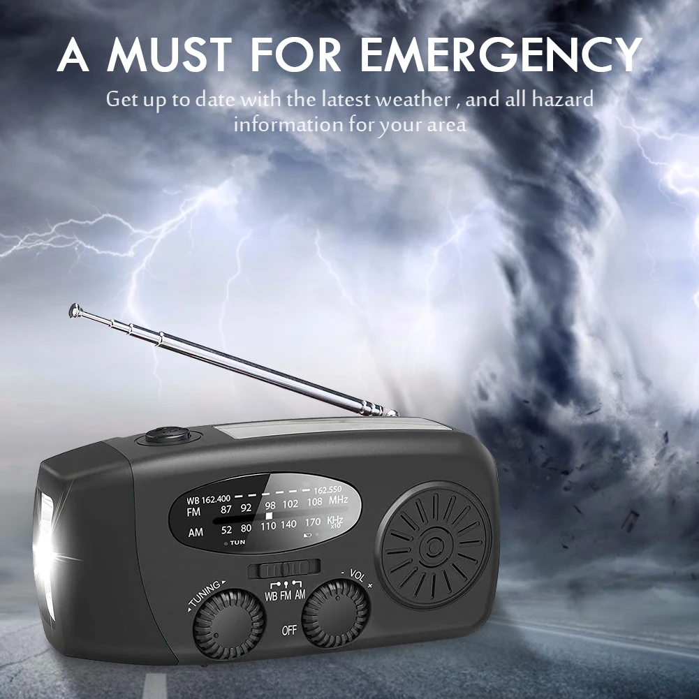 FM AM WB NOAA Vreme Radio Visoko Občutljivost Jasno Glasnost Radia Večnamensko Radio Strani Ročice Solarno Polnjenje prek kabla USB