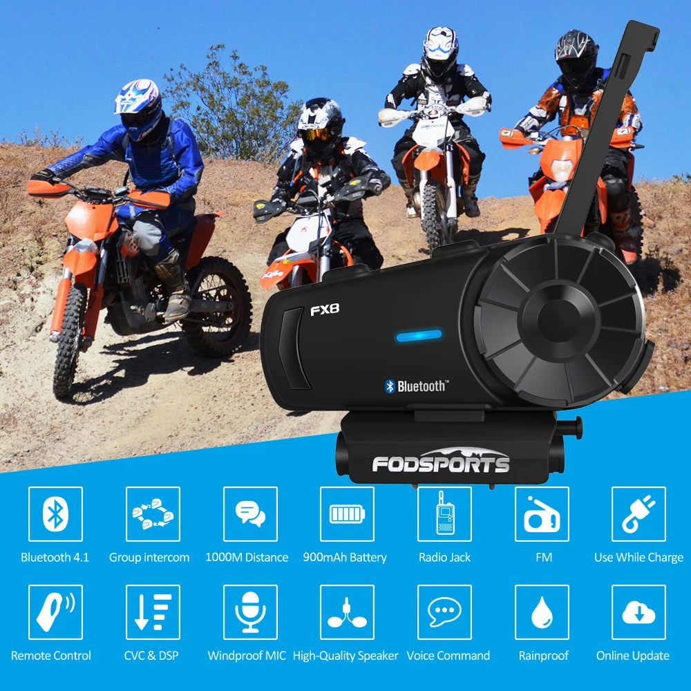 Fodsports 2 kos FX8 Čelada Interkom Motocikel Bluetooth Čelade Headset 8 Rider 1000m Moto Interfonski Intercomunicador FM