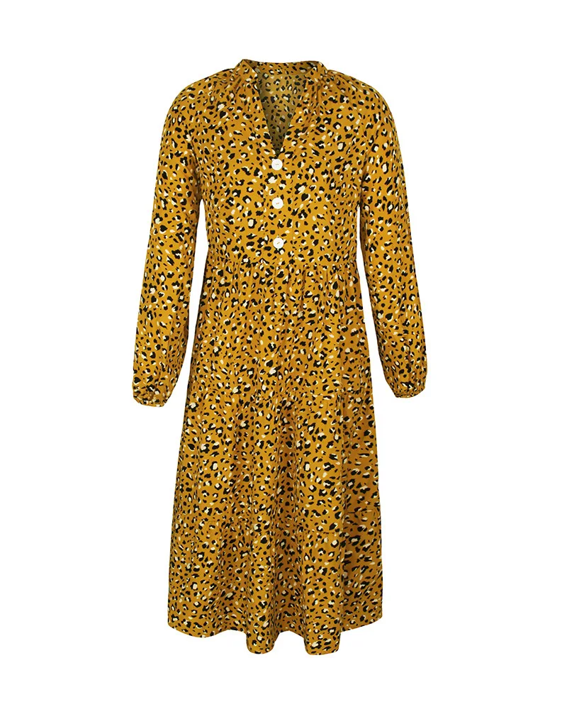 FORERUN Dolgo Leopard Obleka Ženske Novo Elegantno 2021 Luč Dolg Rokav V Vratu Ruffle Haljo Longue Femme Hiver