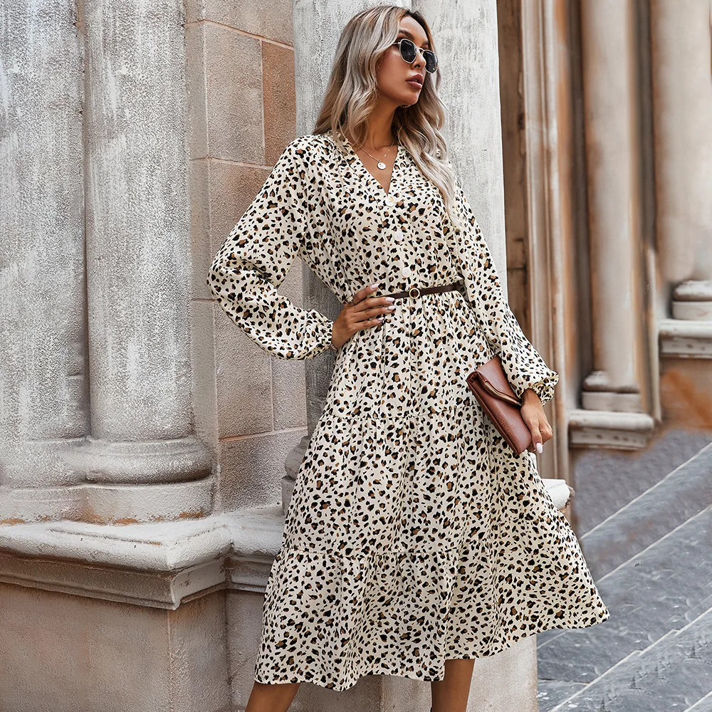 FORERUN Dolgo Leopard Obleka Ženske Novo Elegantno 2021 Luč Dolg Rokav V Vratu Ruffle Haljo Longue Femme Hiver