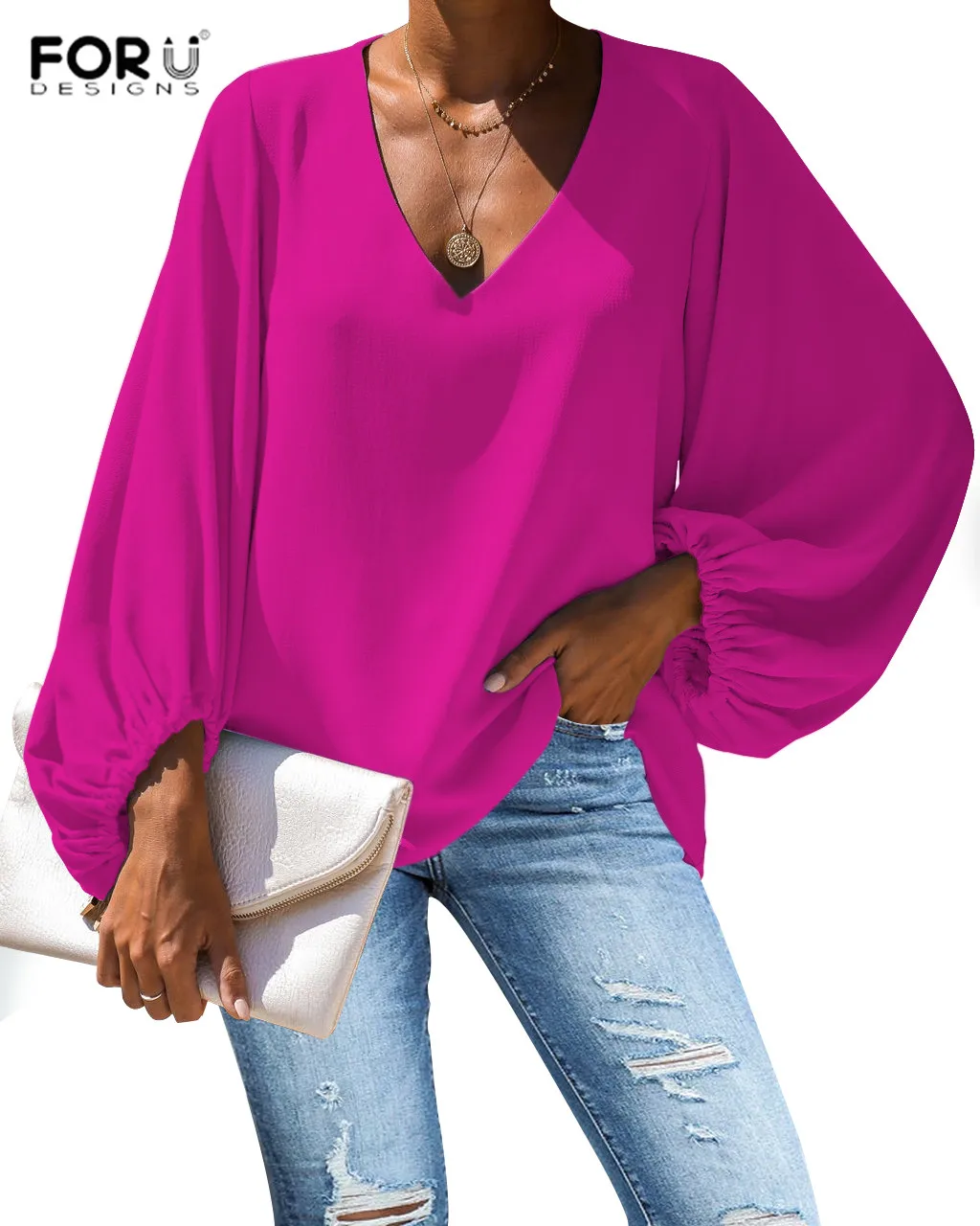 FORUDESIGNS 2019 Barva Bluzo Priložnostne Svoboden Long Sleeve Majica Vrhovi Proti-vrat Udobno Krpo Dropshipping