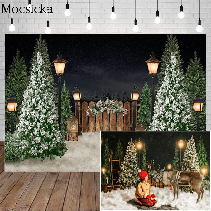 Fotografija Kulise Božično Drevo Posajenih Rastlin Pozimi Sneg Cestno Svetilko, Bela Okna Božično Ozadje Za Foto Studio