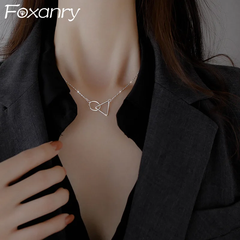 Foxanry Minimalističen 925 Sterling Srebro Modna Ogrlica za Ženske Ustvarjalne Votlih Geometrijske Obesek Eleganten Stranka Nakit Darila