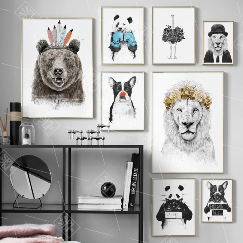 Francoski Buldog Lev Medved Panda Nesreča Wall Art Platno Slikarstvo Nordijska Plakatov In Fotografij Živali Slike Za Dnevna Soba Dekor