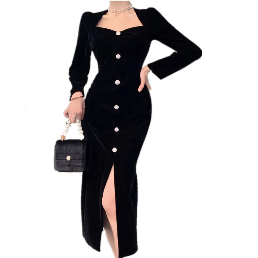 Francoski stil elegantno žamet tulec obleka ženske kvadratnih ovratnik slim beloprsi singl stranka obleko