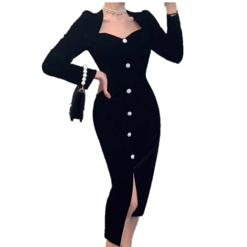 Francoski stil elegantno žamet tulec obleka ženske kvadratnih ovratnik slim beloprsi singl stranka obleko