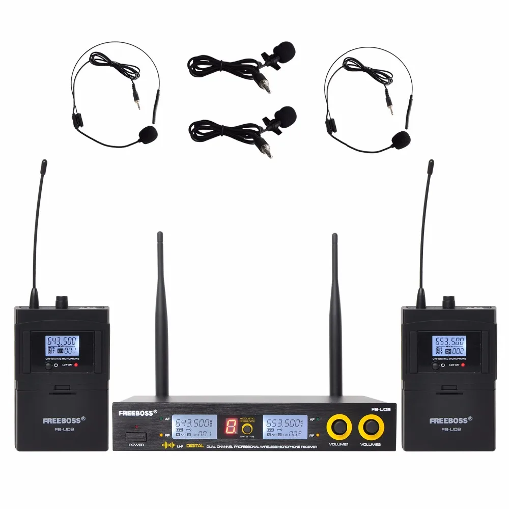 Freeboss FB-U09H2 Dvojni Način, Digitalni UHF Brezžični Mikrofon z 2 River 2 Slušalke mikrofon (2 Bodypack Oddajnik)