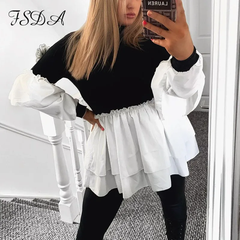 FSDA 2020 Turtleneck Dolgo Puff Rokav Obleka Mini Linija Ruffles Ženske Priložnostne Mozaik Klub Črni Jesen Zima Stranke Obleke